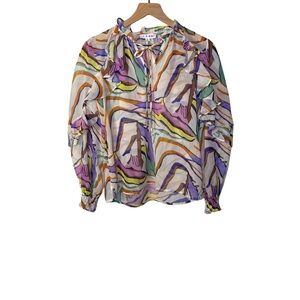 THML Abstract Multicolor Sheer Ruffle Blouse Tie Neck Long Sleeve Women’s Small